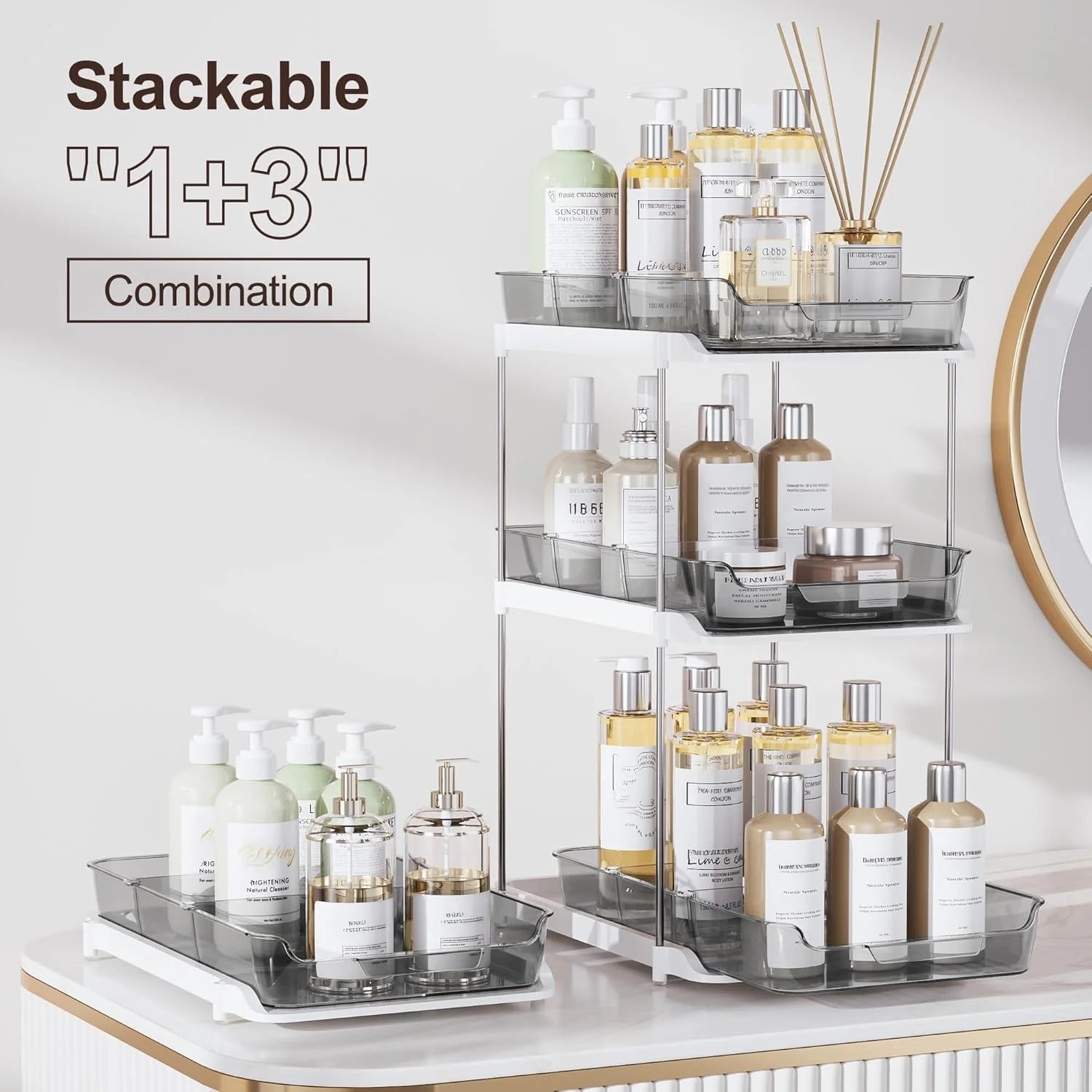 2 Pack  under Sink Organizers and Storage, 2 Tier Sliding Out Bathroom Sink Organizer, Multi-Use under Kitchen Cabinet Storage Shelf (S&L), Grey