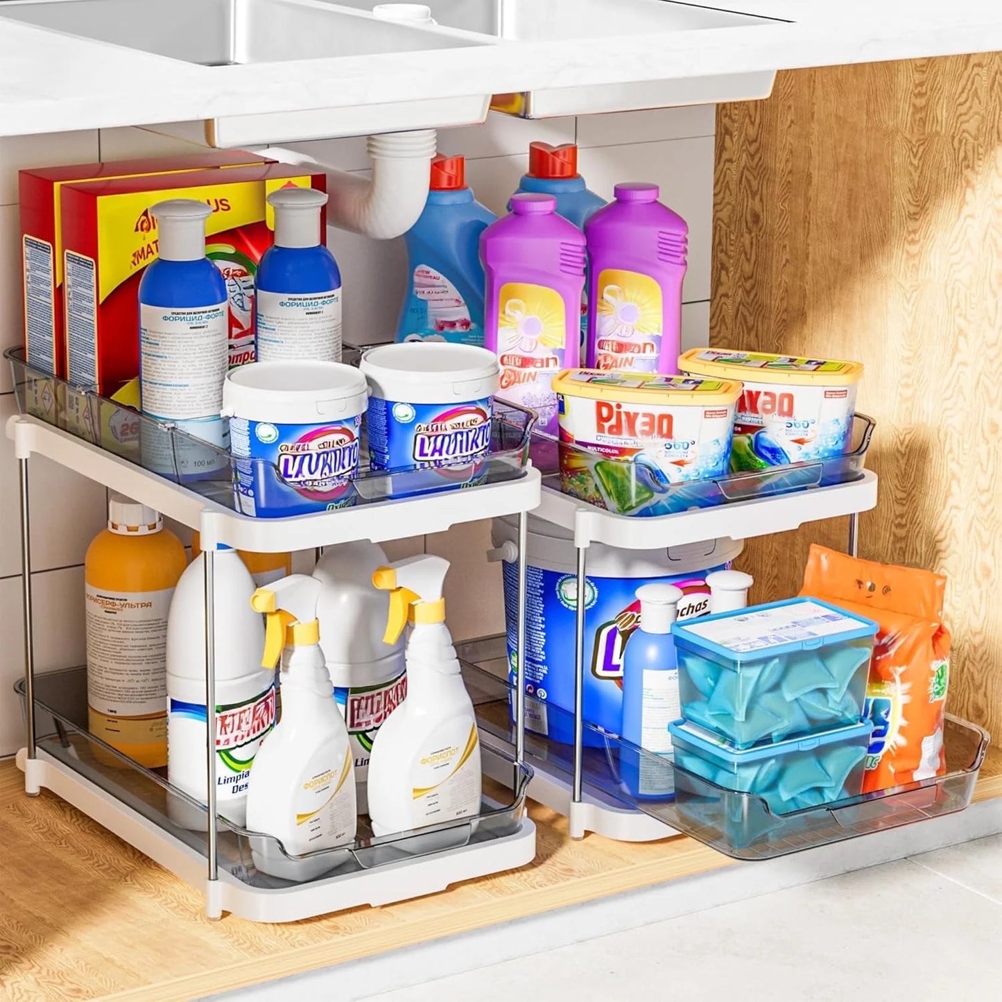 2 Pack  under Sink Organizers and Storage, 2 Tier Sliding Out Bathroom Sink Organizer, Multi-Use under Kitchen Cabinet Storage Shelf (S&L), Grey